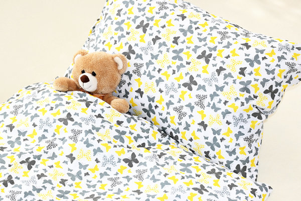 Bettwäsche 100x135 cm Schmetterlinge Grau Gelb Set 2-tlg Babybettwäsche Kinderbettwäsche